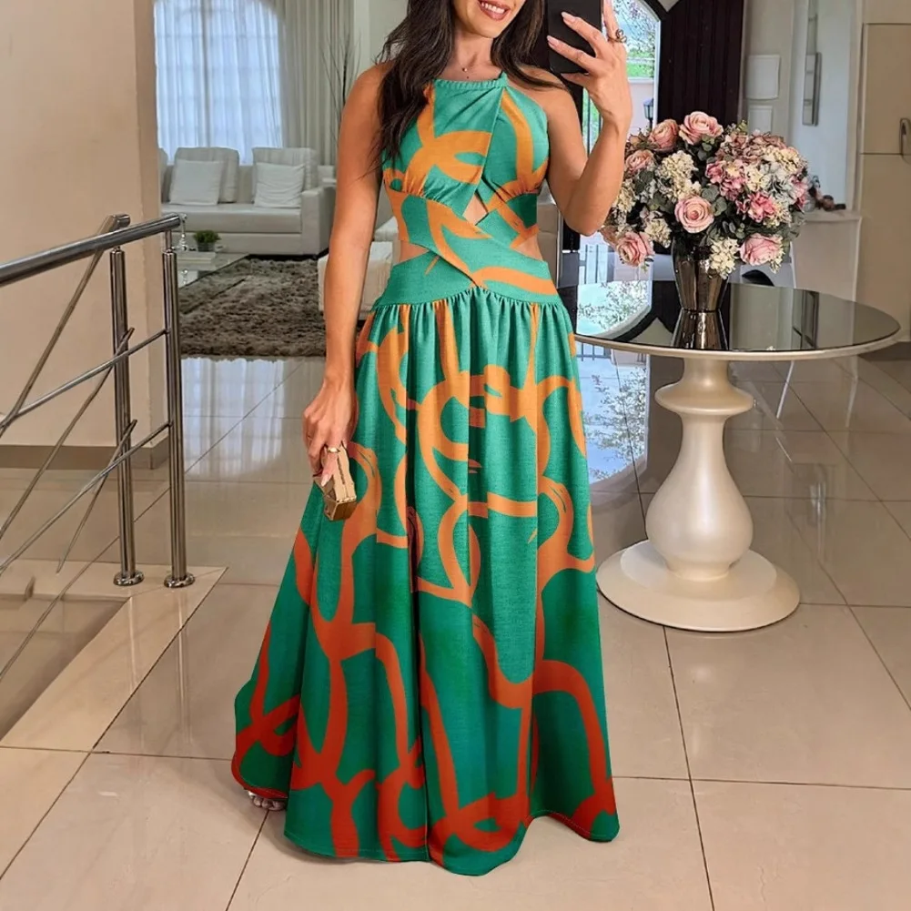 Abito estivo nuovo sexy con scollo all'americana per le donne Nuova moda per le vacanze Stampa floreale Vita sottile Scava fuori abiti maxi senza schienale