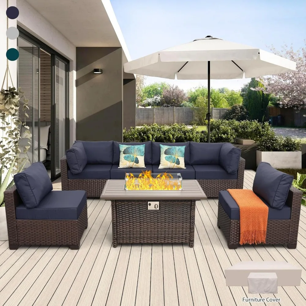 

Patio Furniture Set with 45 Inches Fire Pit 7-Piece Outdoor Sectional Patio Couch 60000 BTU Wicker Propane Fire Pit Table with