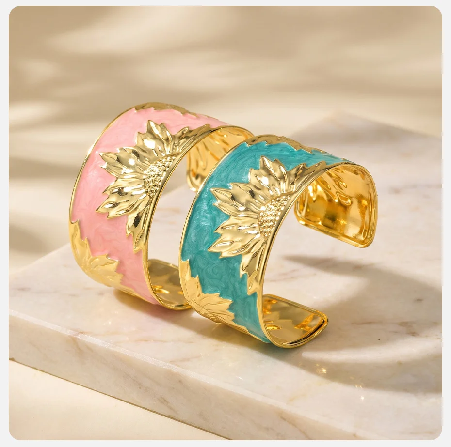 Vnox Vintage Chunky Emaille-Armreif in Blumenform für Damen, vergoldet, mit übertriebener Öltropfen-Optik, offener Armreif, Statement-Schmuck – Detail 5