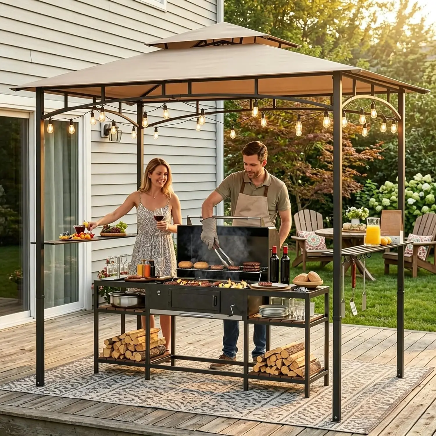 8x5 Grill Gazebo with 2 Shelves and Bottle Opener, All-Weather BBQ Canopy for Outdoor Grilling, Ventilated Double-Tiered Roof, Heavy-Duty Powder-Coated Steel Frame