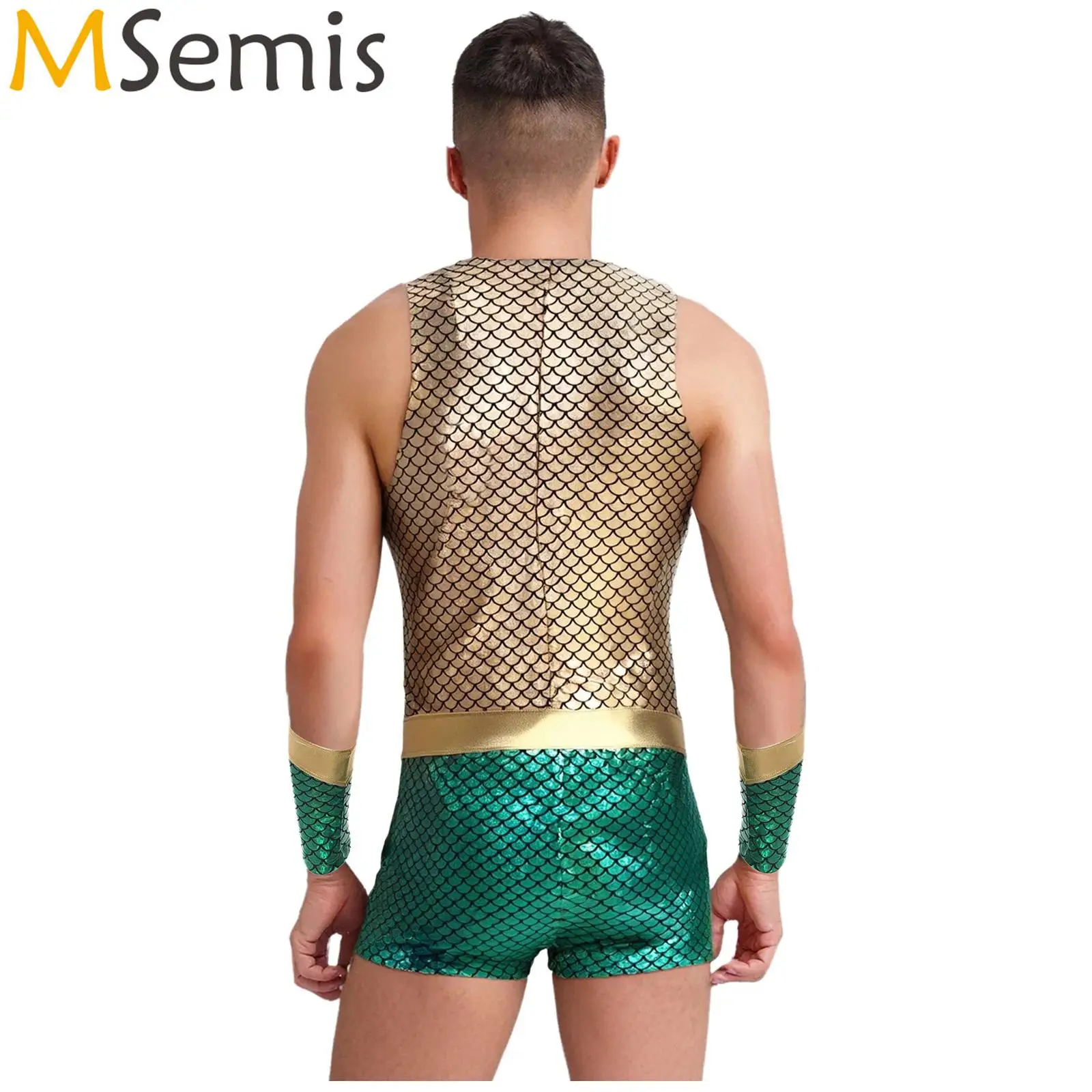 

Mens Halloween Sea King Sea God Poseidon Merman carnival Cosplay Costume Fish Scales Print Mermaid Bodysuit with Arm Sleeves