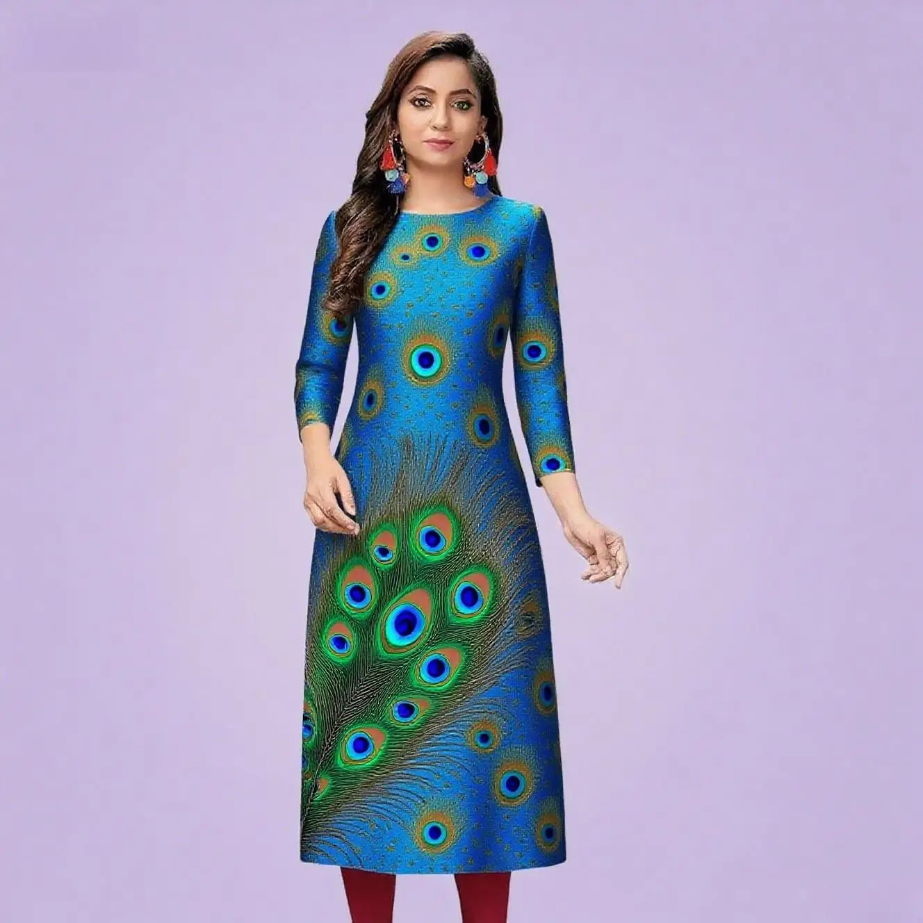 Kurt women's casual fashion dress long sleeved straight tube casual ethnic peacock round neck regular size design sense