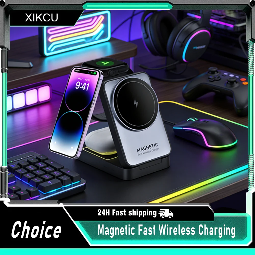 

Складная магнитная беспроводная зарядная станция 3-в-1 для Magsafe iPhone 16 15 14 13, Apple Watch 2-9, Airpods Pro, станция быстрой зарядки