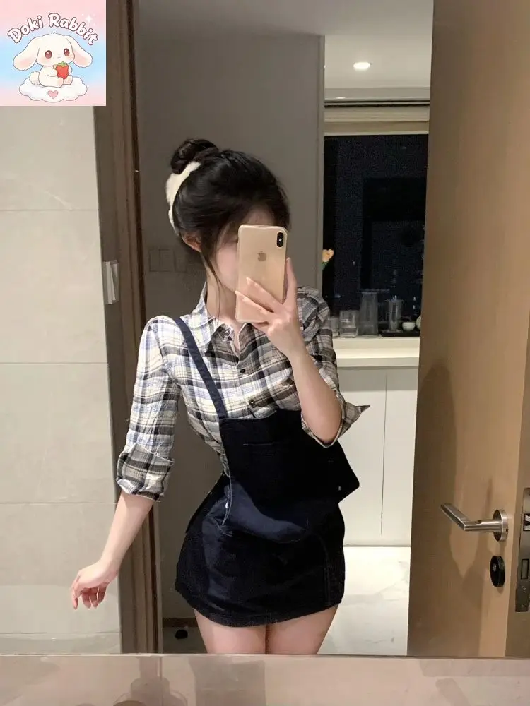Korean Fashion Elegant Women's 2 Piece Set Plaid Long Sleeve Shirt + Design Black Suspender Skirt Y2k Summer Streetwear Outfits view 4