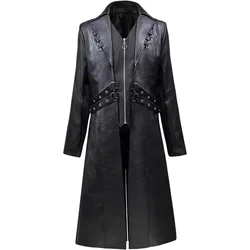 Mens Steampunk Faux Leather Jacket Fashion Medieval Trench Coat Long Outwear Autumn Winter Gothic Motorcycle Halloween Stage