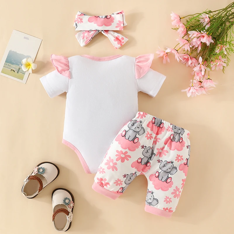 

Baby Girls 3Pcs Summer Outfit Short Sleeve Elephant Print Romper Shorts Headband Set Newborn Clothes