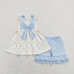 New rts Infant Girls Easter Short Sleeve Shorts Blue Outfit Set Wholesale Boutique Girls Easter Egg Pattern Girls Clothing