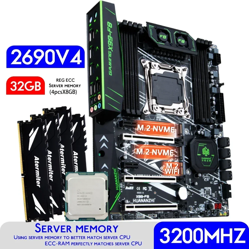 HUANANZHI X99 F8 X99 Motherboard With  XEON E5 2690 v4 With 32GB 4 * 8GB 3200MHZ DDR4 REG ECC Memory Combo Kit Set NVME