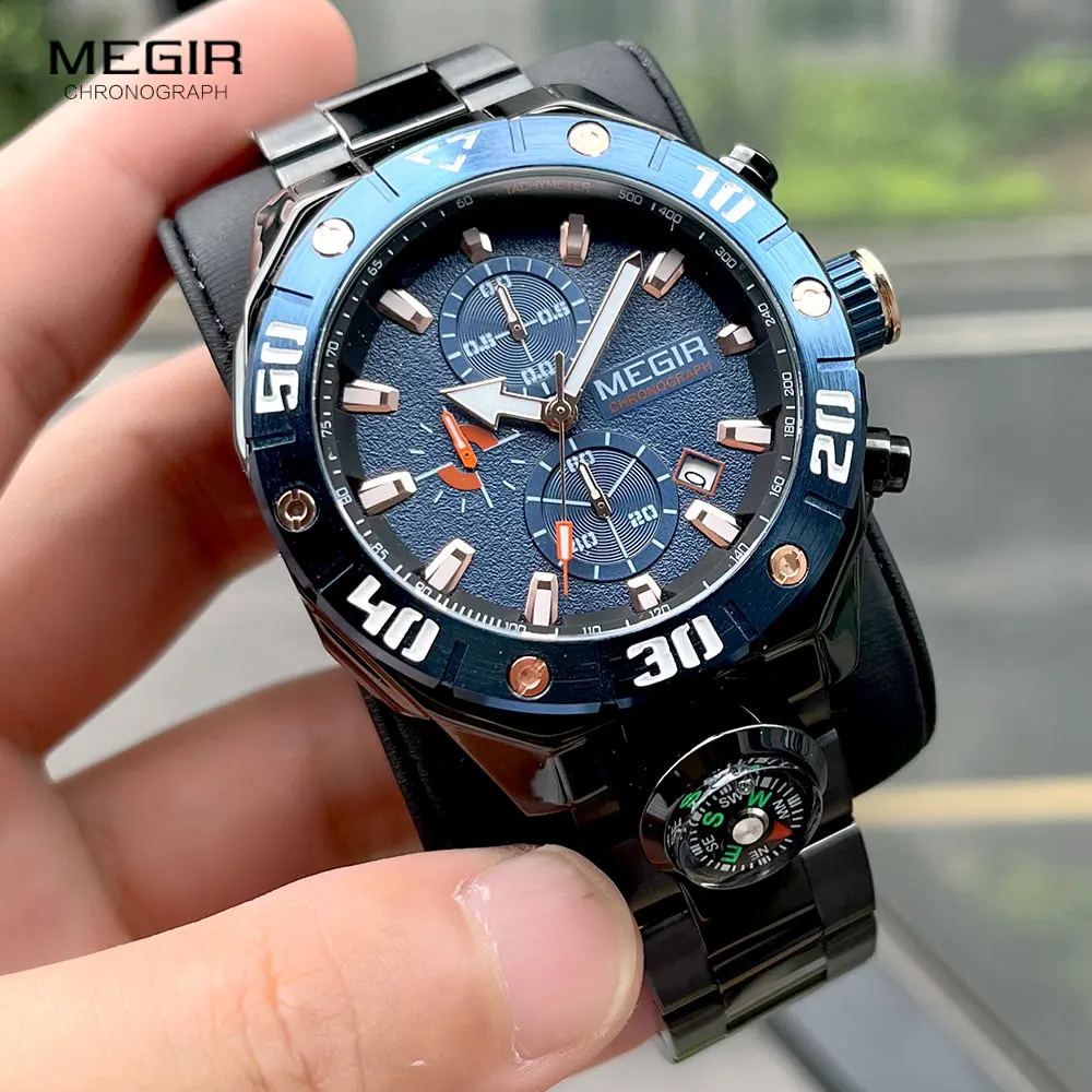 MEGIR Chronograph Quartz Watch for Men Fashion Sport Luminous Wristwatch with Auto Date Decorative Compass Stainless Steel Strap