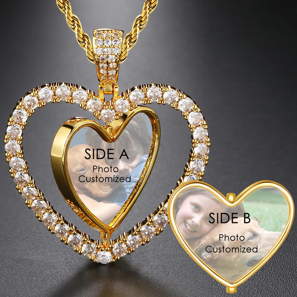 

Полый вращающийся кулон в форме сердца, ожерелье, двойное фото, настройка памяти, подарки для женщин и мужчин, роскошные золотые украшения на шею