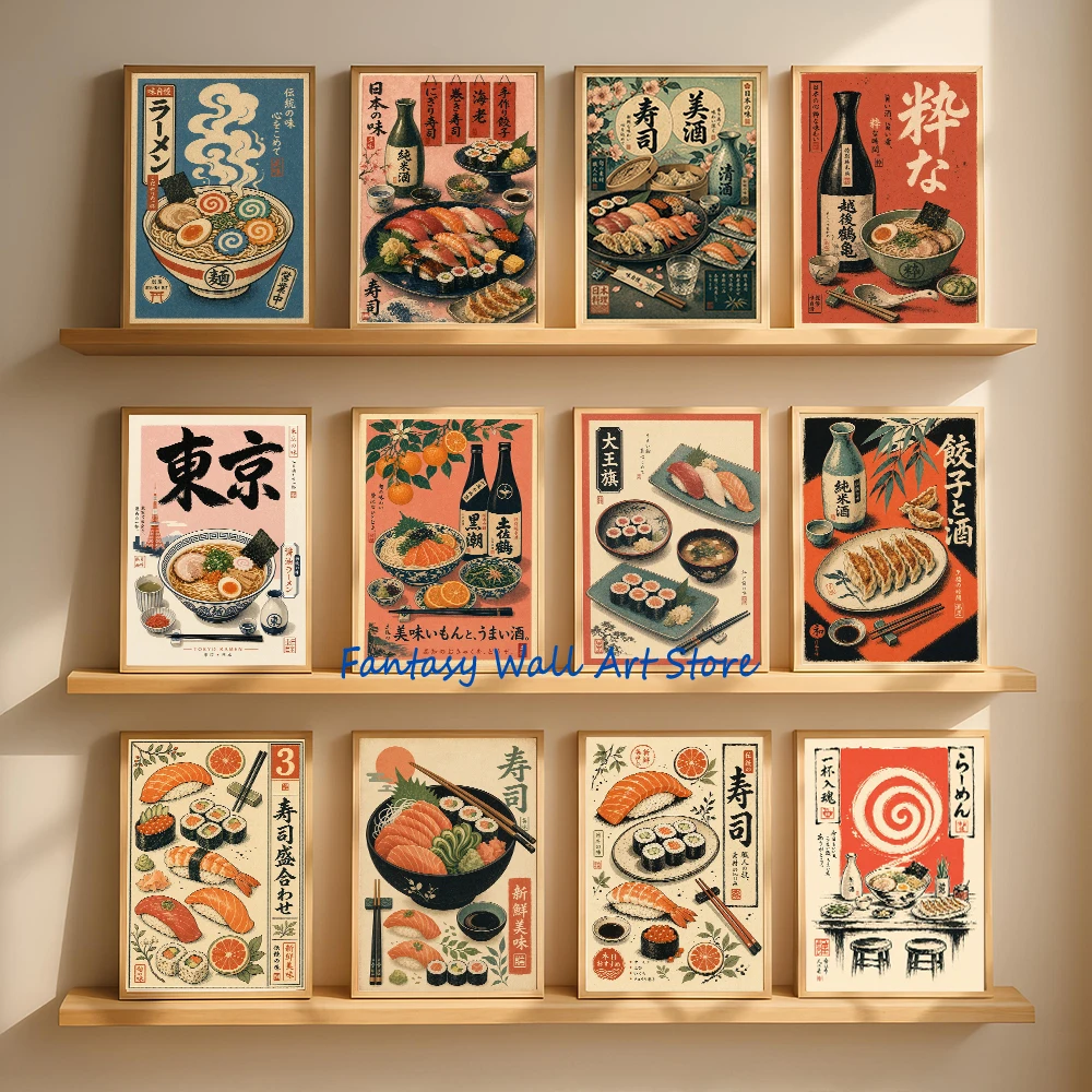 Vintage Japanische Lebensmittel-Illustration Lachs Sushi Ramen Sake Gyoza Asiatische Lebensmittel-Kunst Poster Leinwand-Gemälde Wandbilder Heim-Dekoration