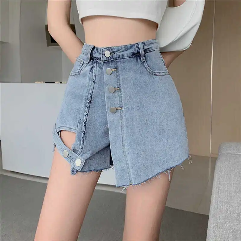 

Шорты женские джинсовые с вырезами нестандартного дизайна, новые летние свободные широкие брюки с высокой талией, сексуальные повседневные универсальные уличные шорты Femme