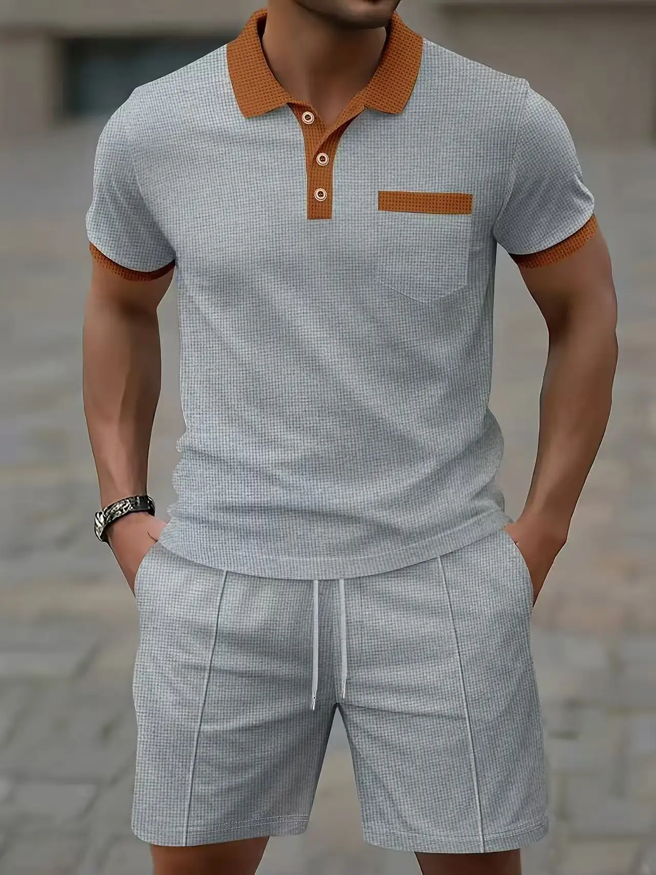Bestselling men's summer short-sleeved shirt T-shirt polo shorts set fashionable breathable casual sporty European size clothing view 3