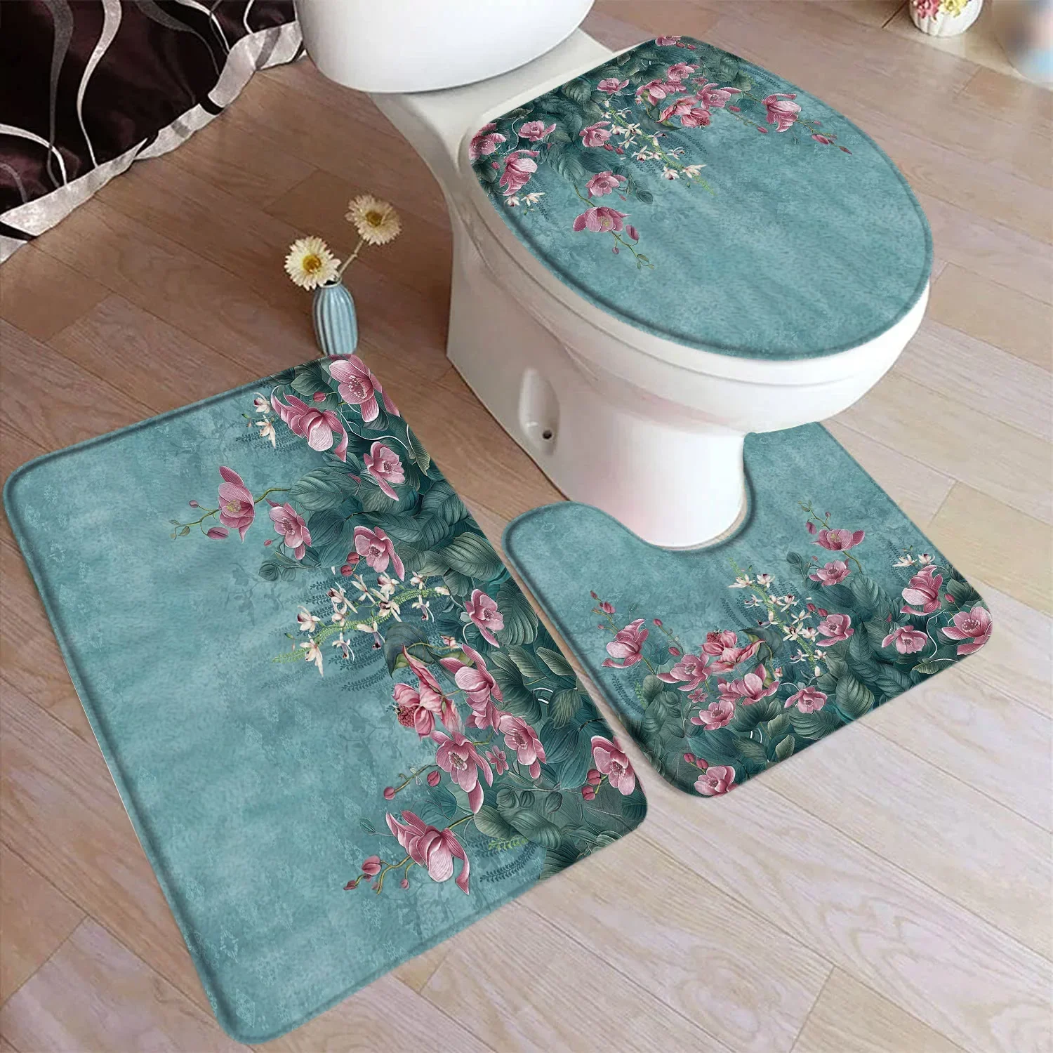 Fresh Flowers Pattern Design Bath Room 3piece Set Mats Home Flannel Decorations and Accessories Floor Rugs Toilet Cover 40*60 Cm