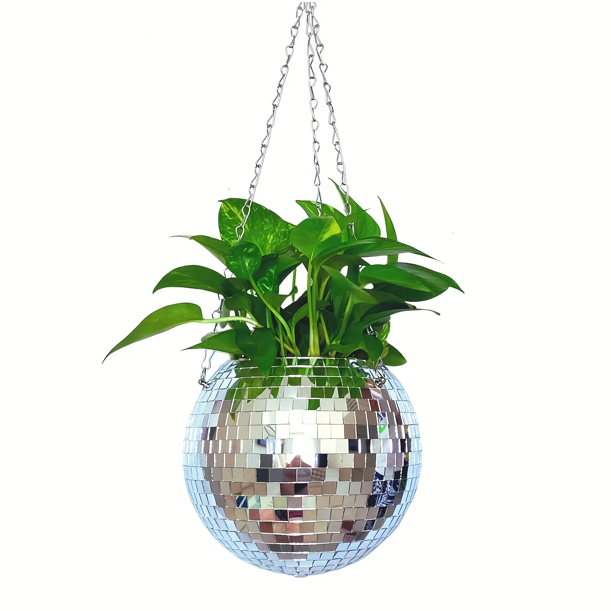 1 Stück einzigartiger, handgefertigter, böhmisch inspirierter hängender Disco-Spiegelkugel-Pflanzgefäß – selbstbewässernd, platzsparend, stilvolle Heimdekoration für – Detail 2