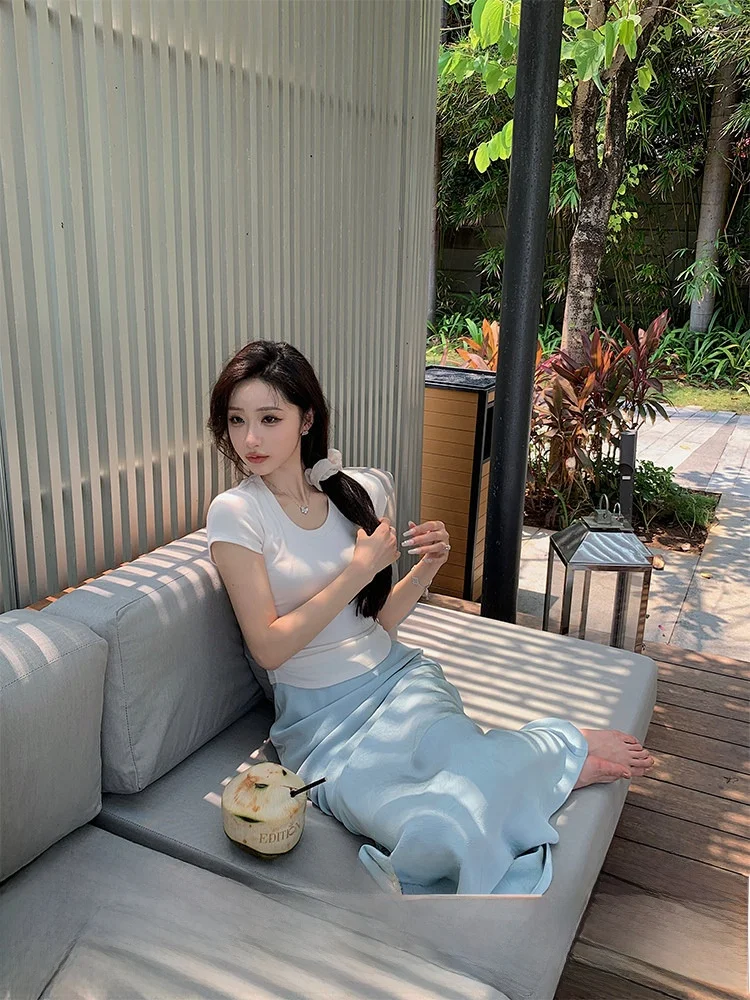 

Элегантная атласная юбка с высокой талией, женская, модная, с разрезом, для офиса, средней длины, А-силуэт, из полиэфирного волокна