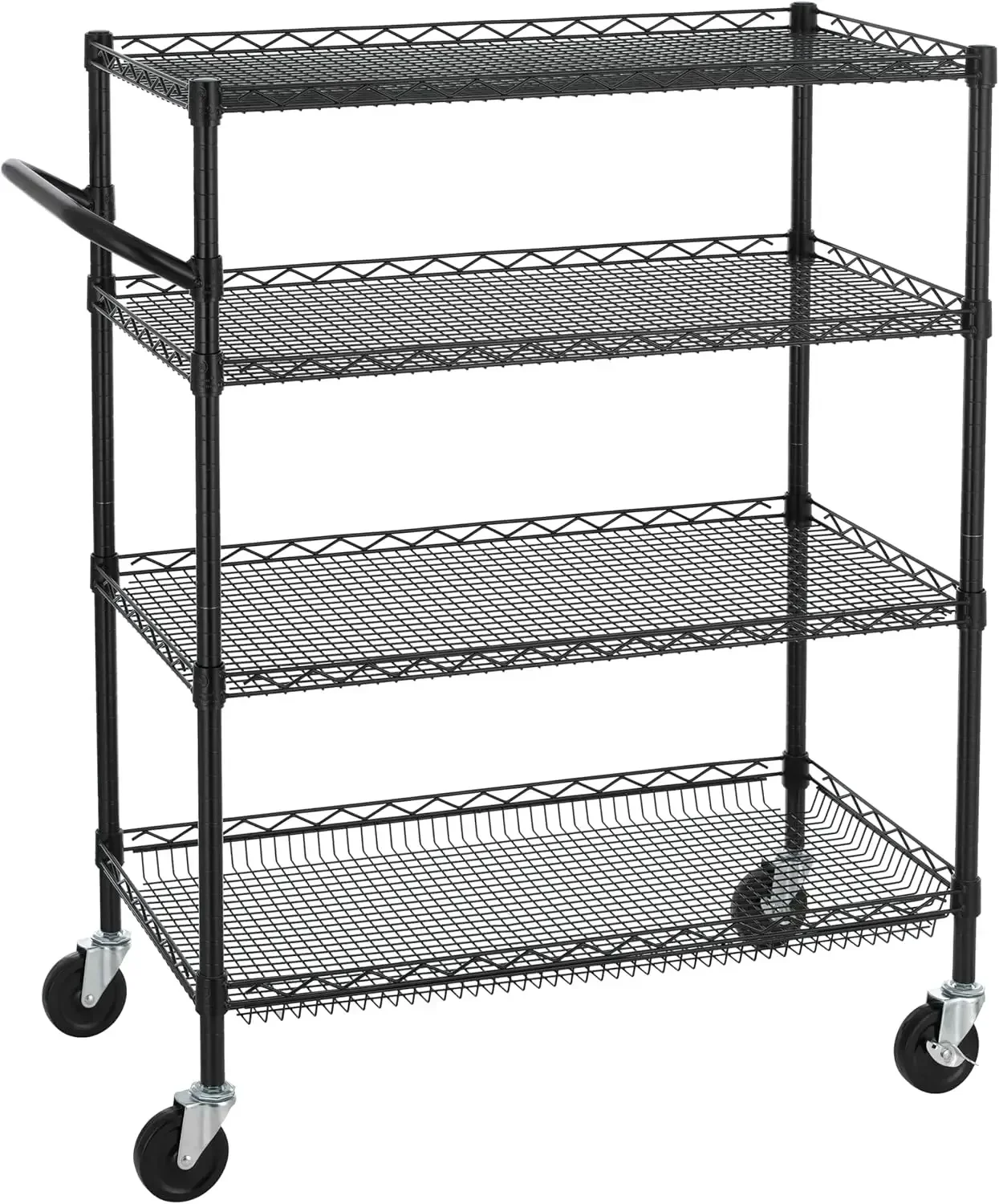 

4 Tier Heavy Duty Commercial Grade Rolling Cart with Handle Bar, Metal Wire Utility Cart with Wheels, Service Trolley on Wheels