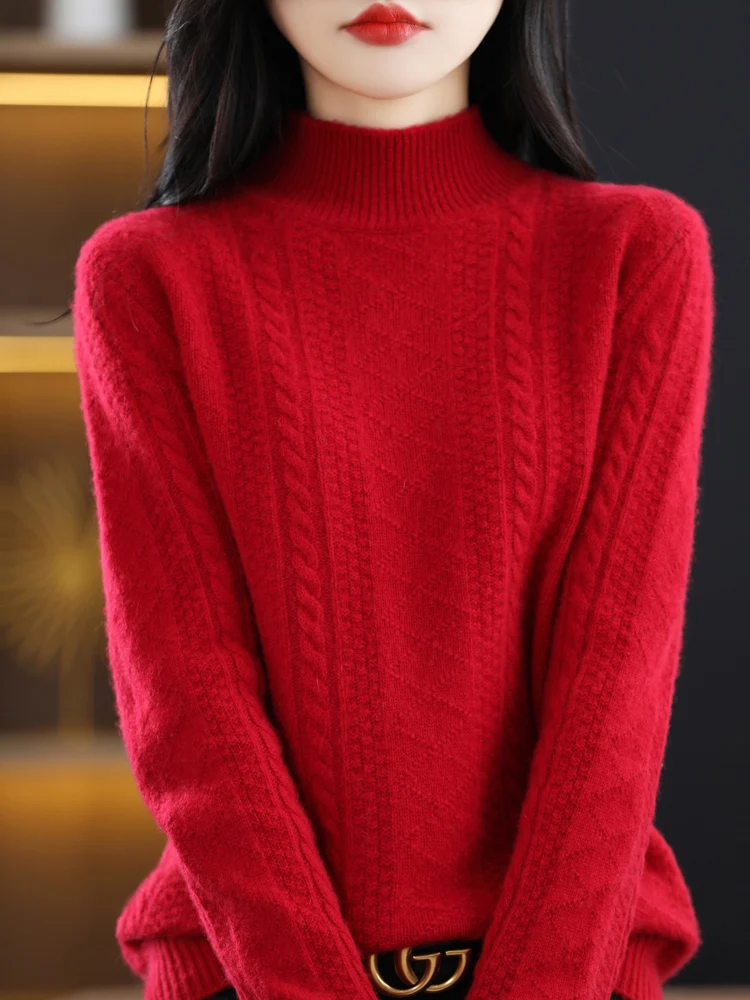 Women Sweater For Winter Thick Warm Long Sleeve Mock Neck Pullover 100% Merino Wool Twist Cashmere Knitwear Korean Fashion New