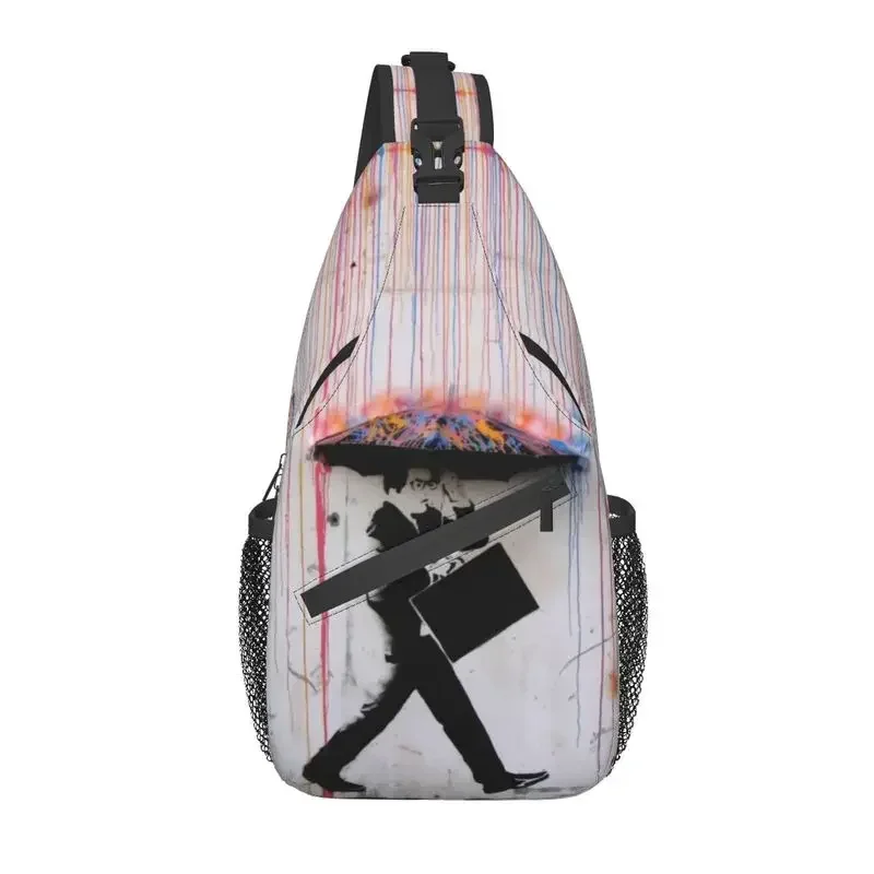 Banksy Umbrella Rainbow Sling Bag for Men Street Graffiti Pop Art Shoulder Crossbody Chest Backpack Travel Hiking Daypack