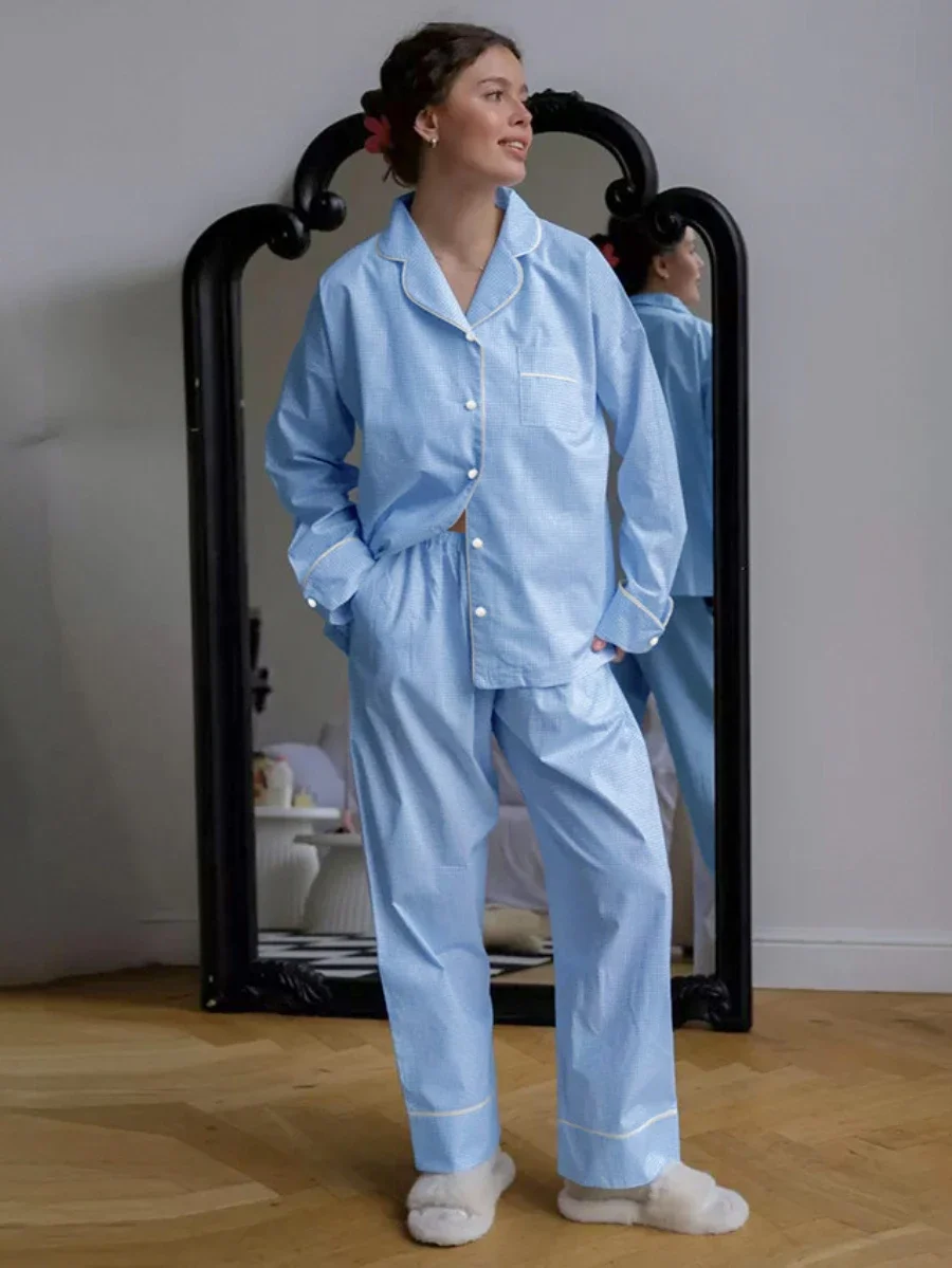 

Wolfeel Autumn New Plaid Splicing Pajamas Two-piece Set Women's Fashionable Loose Long Sleeved Pants Casual Set Home Wear