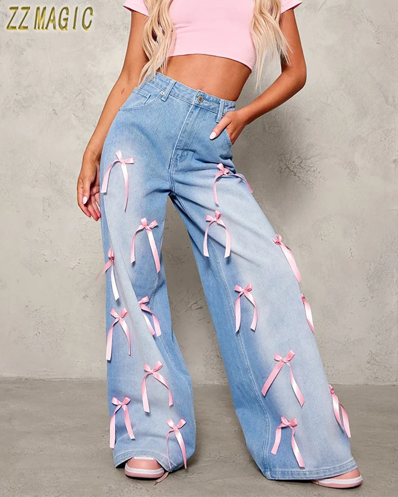 Sweet Blue Jeans for Women Bow Loose Straight Denim Pants Y2k Vintage Streetwear Casual Street Hip Hop Women Baggy Trousers