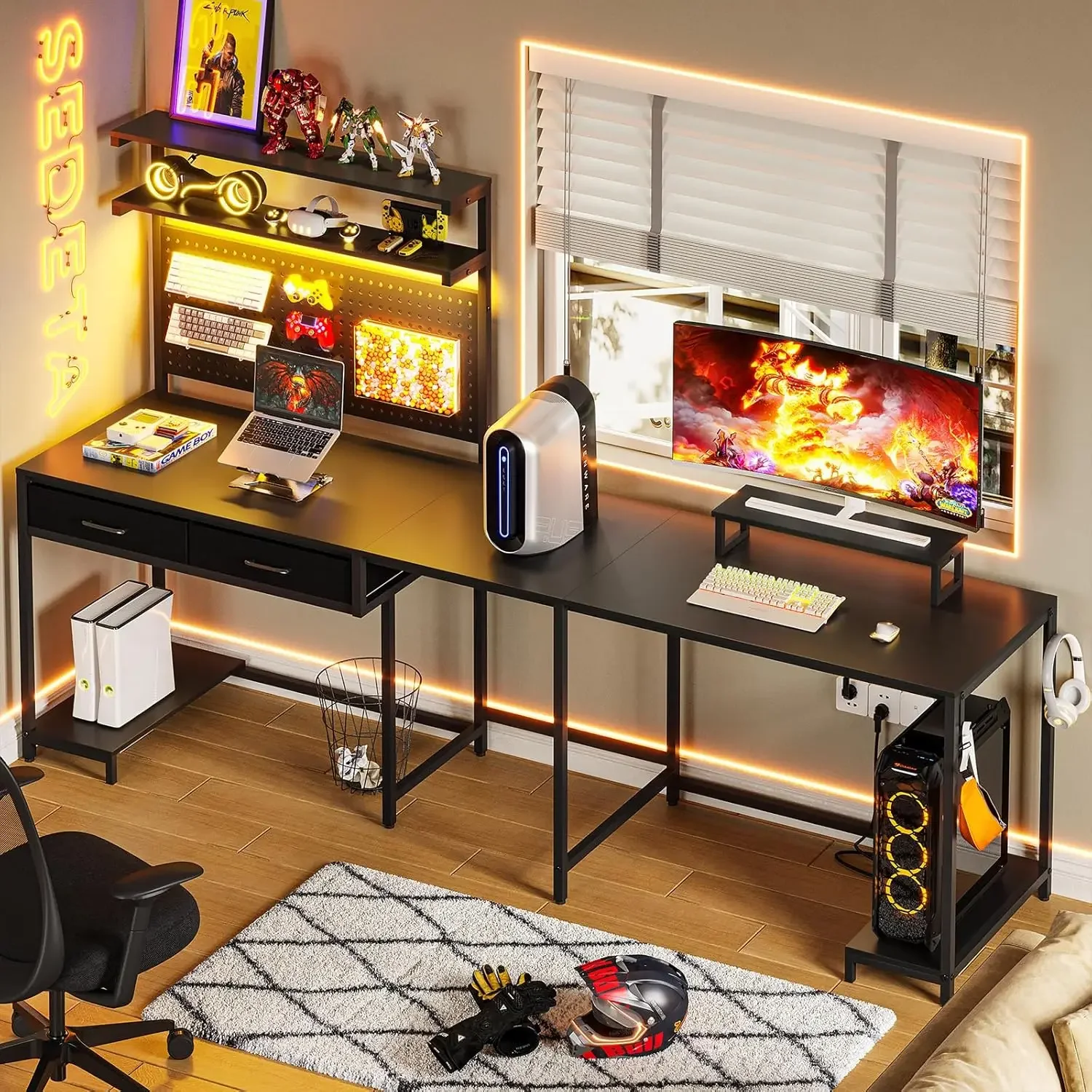 L Shaped Gaming Desk with LED Lights, Gaming Desk with Hutch, Computer Desk with Monitor Stand, Corner Desk, Gaming Table, Black