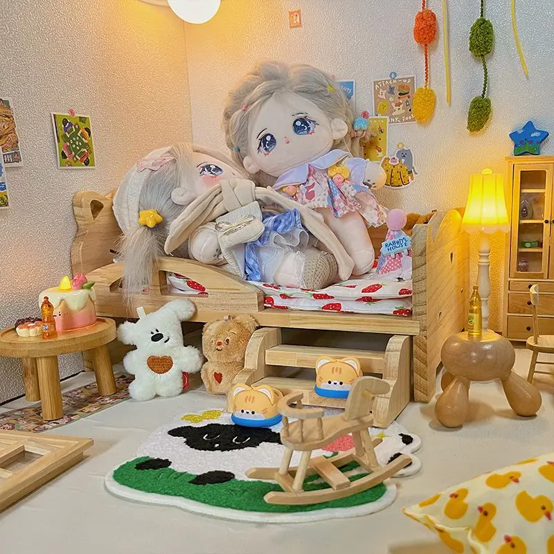 Tempat Tidur Kayu Mini untuk 20Cm Boneka Katun Berdandan Dekorasi Ruangan Miniatur untuk Boneka BJD Aksesori Labubu Mainan Rumah Boneka untuk Hadiah Anak-anak