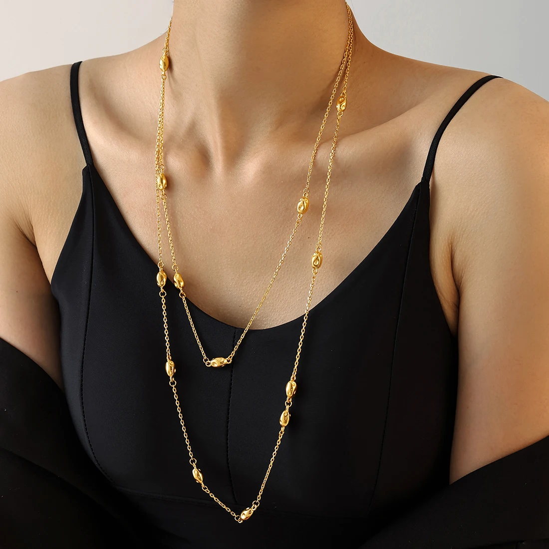 Oval Beaded Long Necklace for Women Stainless Steel Sweater Chain Gold Plated 2 Strings Waterproof Jewelry Gift