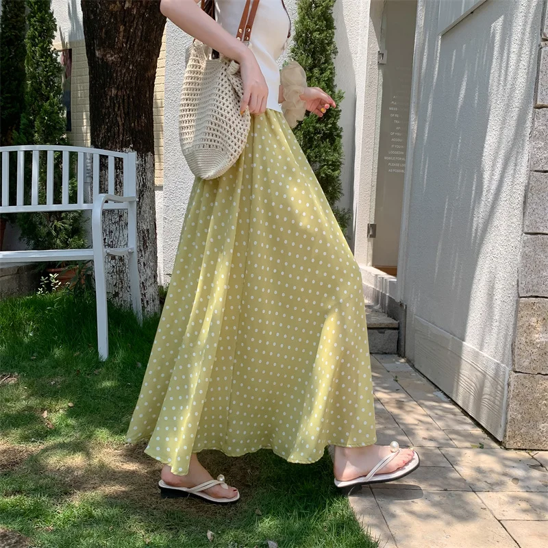 Yellow Polka Dot A-Line Midi Skirt High Waist Slimming Hip Covering Fullness Long Women's Skirts Polyester Fiber Summer