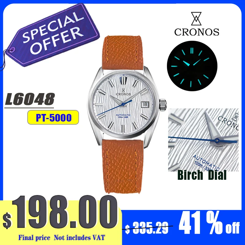 

CCronos Men Watches 36mm Automatic PT5000 Miyota 9015 Movement Wristwatches White Dial Birch Pattern Sapphire 10 ATM L6049M