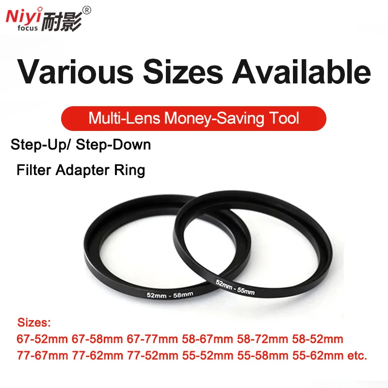 Camera Lens Filter Adapter Ring Metal Step Up Down Ring 37 46 52 55 58 62 67 72 77 82mm Suitable for UV ND CPL ND Lens Adapter