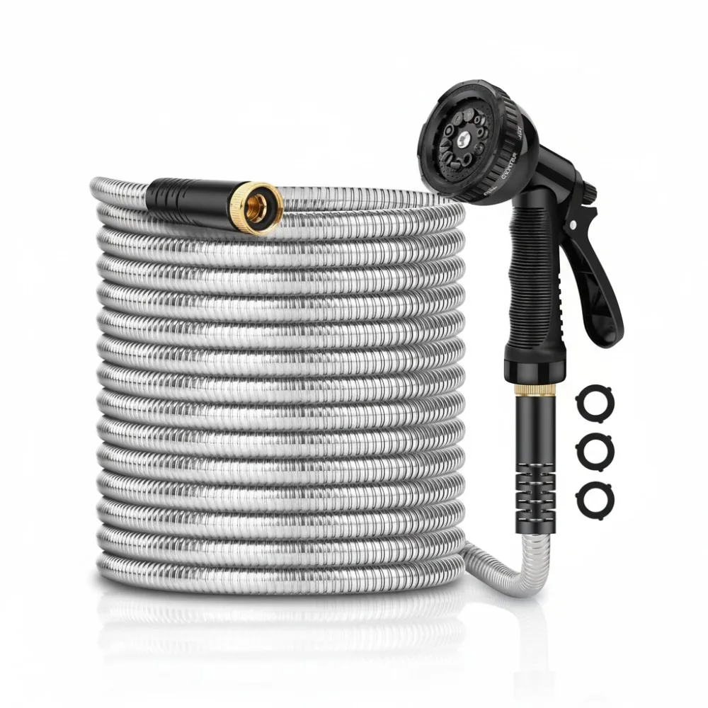 

50ft Heavy Duty Stainless Steel Garden Hose with 10 Nozzles, Flexible No-Kink Water Hose for Yard Lawn