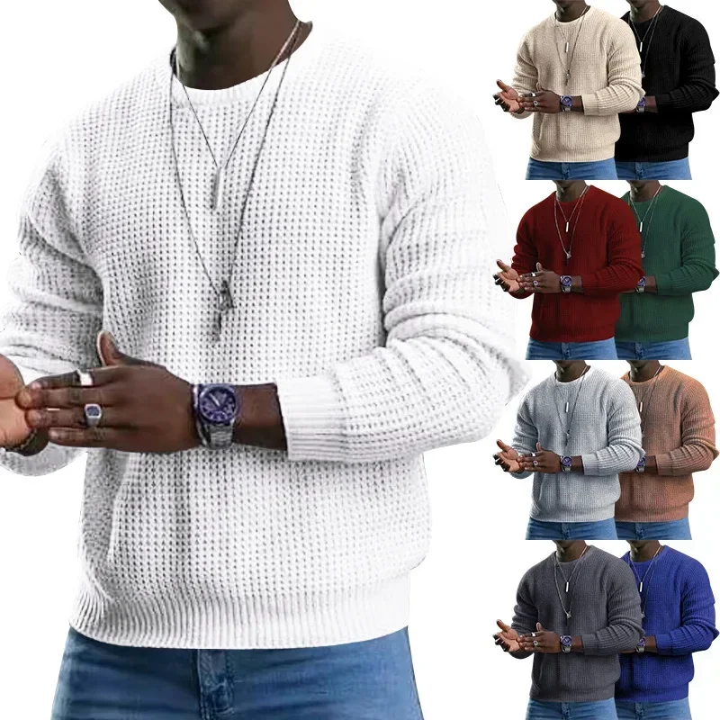 

Long-sleeved T-shirt Spring and Autumn Men's Solid Color Pullover with Round Neck Loose Knit Shirt Sweater New Men Clothing