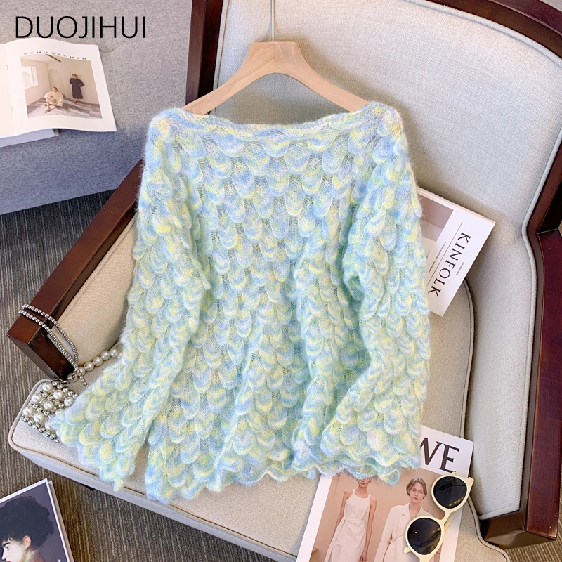 DUOJIHUI Classic O-neck Soft Knitting Sweater Women Pullovers Autumn Chic Floral Contrast Color Fashion Simple Female Pullovers