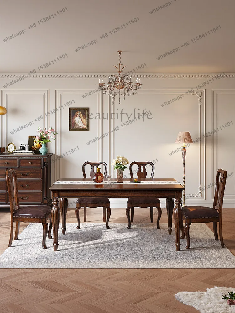 American retro country dining table classic solid wood rectangular dining table and chair combination black walnut