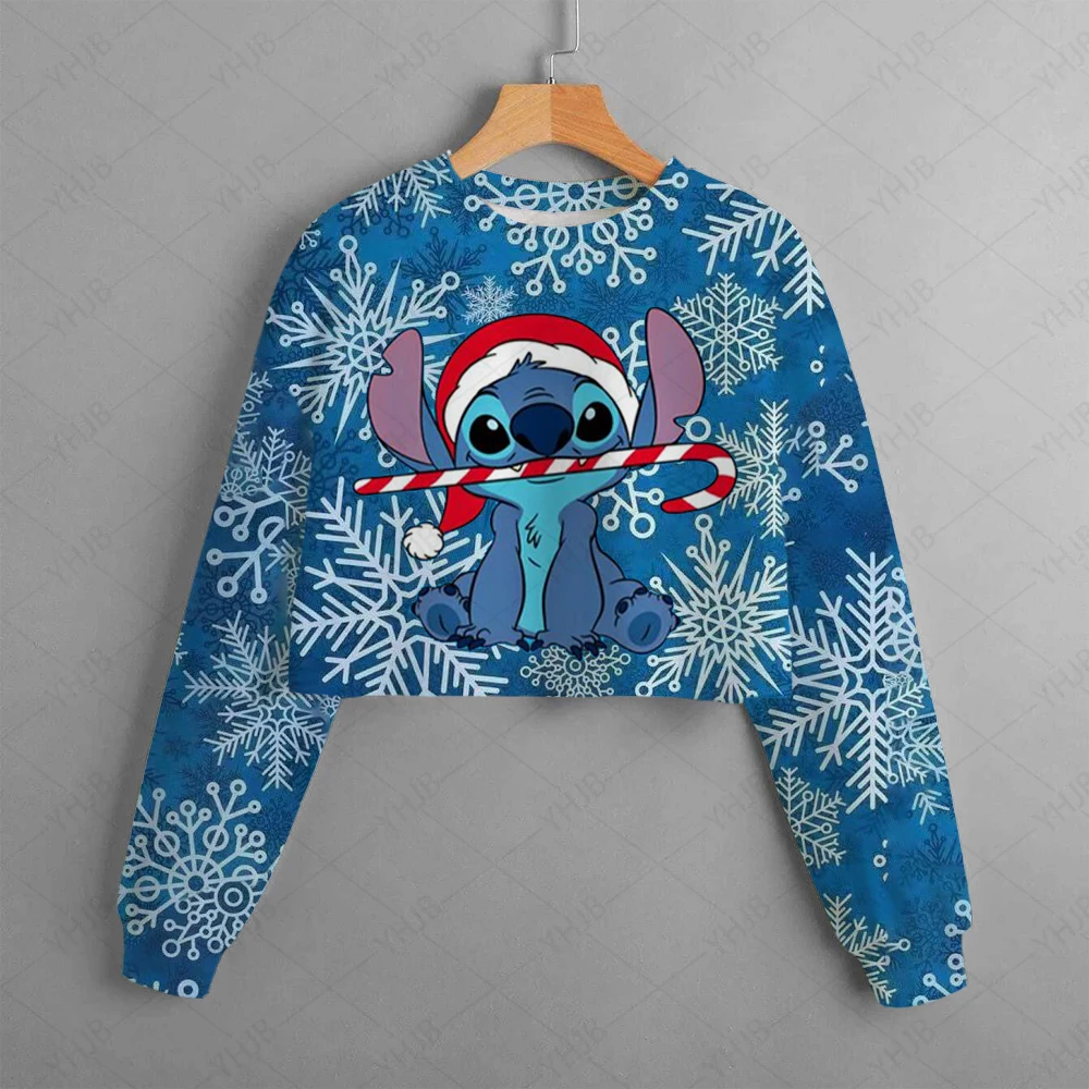 

2024 New Disney Spring and Autumn Girls' Short Sweatshirt Stitch Print Pullover Casual Cartoon Girls' Dress Top Christmas gifts