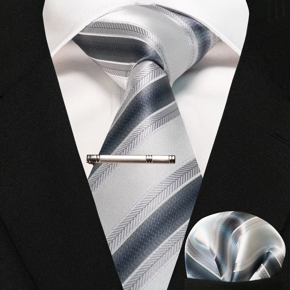 JEMYGINS Business-Krawatte für Herren, Seidenkrawatte in Marineblau, gestreifte Paisley-Krawatte, Einstecktuch, Krawattenklammern, Set für Hochzeit, Party, Geschenk – Detail 20
