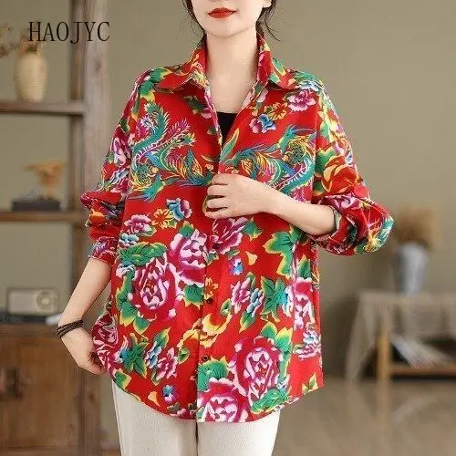 Vintage Northeast Fashion Big Flower New Shirt Jacket Spring Long Sleeve Foreign Style Printed Shirt Loose Casual Top