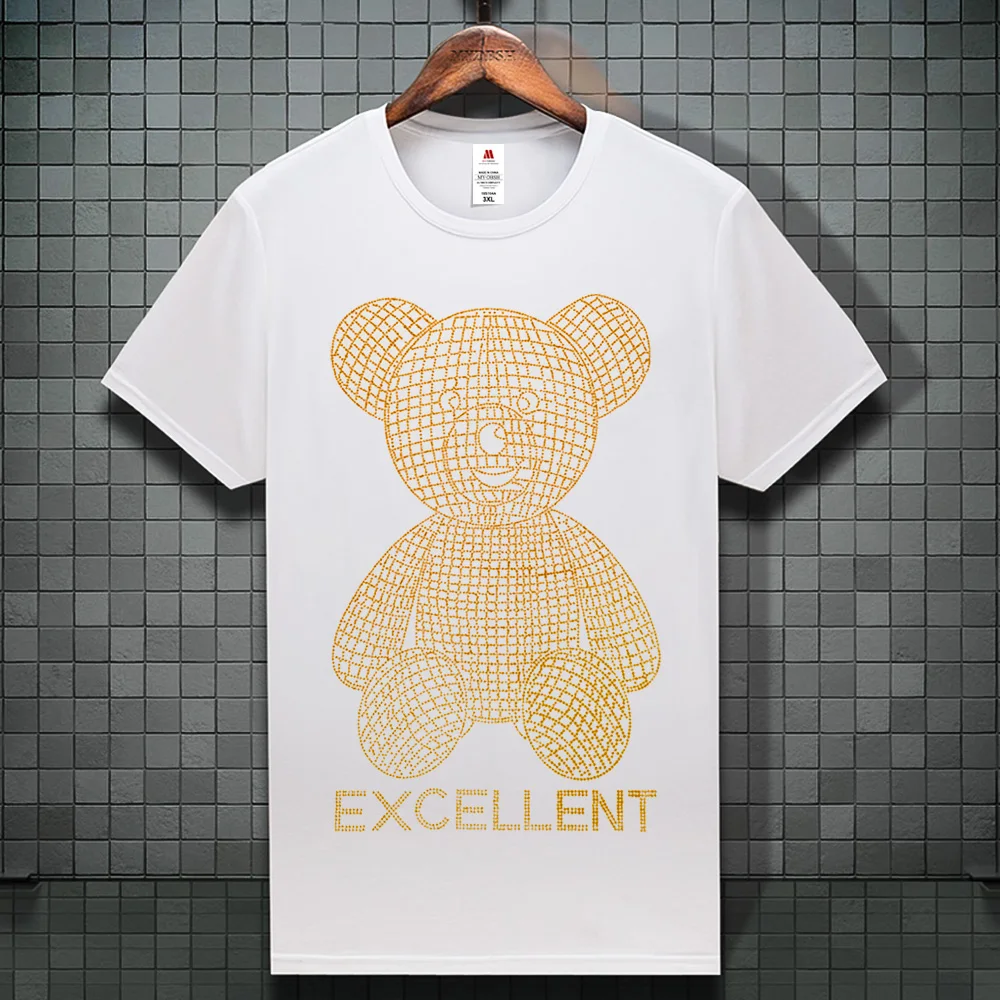New Style Shining Golden Cute Bear Diamond Short Sleeve Tees For Men Cotton V Neck T-SHIRTS S-5XL Oversized T Shirts Male Tops image 4