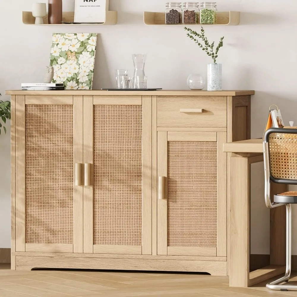 Armadietto Bar, credenza mobile Buffet con ante decorate in Rattan, consolle fattoria con cassetto, naturale