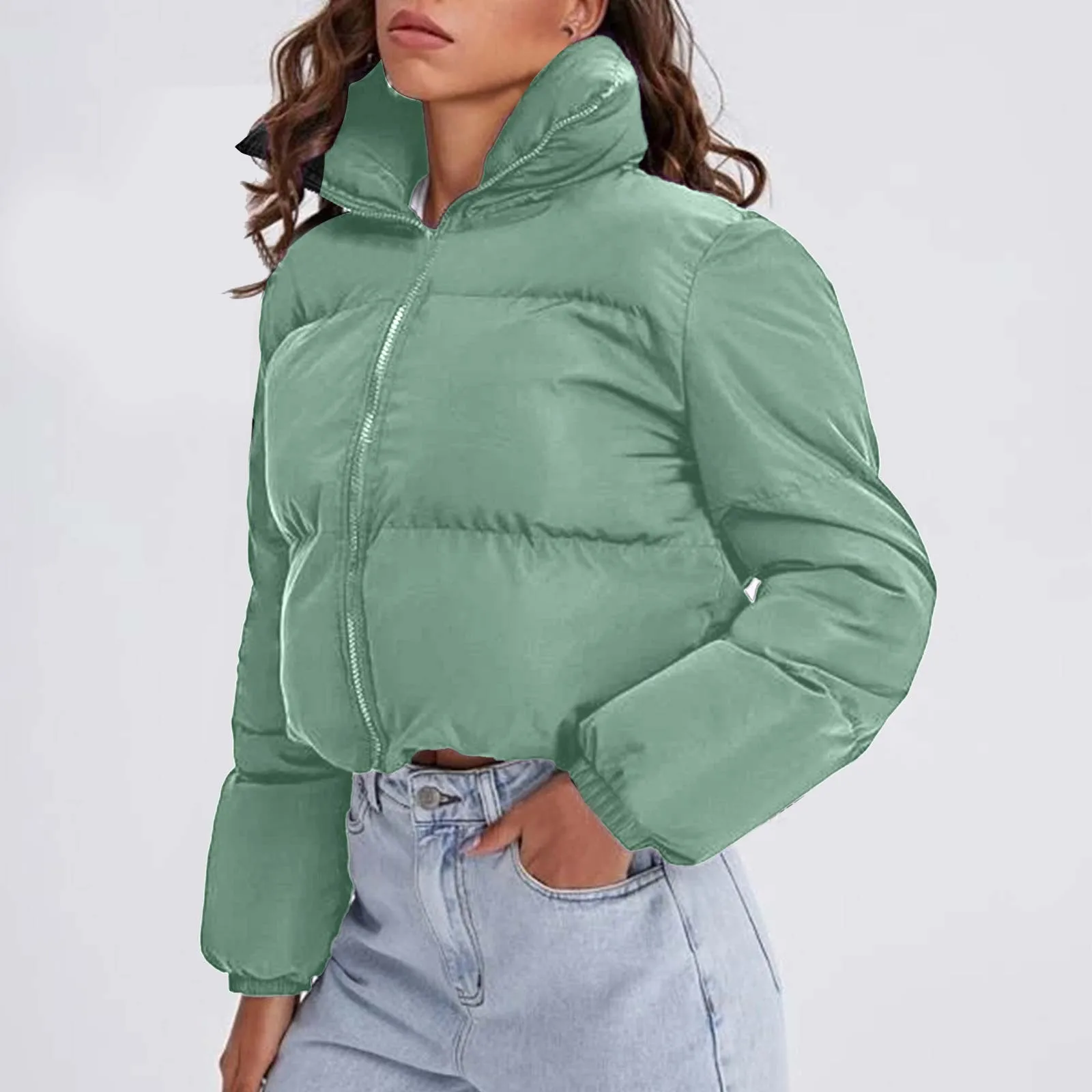 Inverno feminino manga longa oversized recortado jaqueta suporte zip up curto para baixo casaco cor sólida moda coreana casacos acolchoados