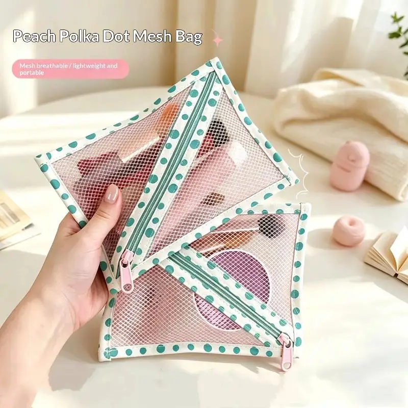 Peach Print Polka Dot Cosmetic Bag Portable Translucent Mesh Zipper Makeup Pouch for Vacation Toiletry Storage