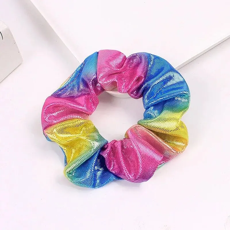 10 Pcs Set of Laser Fabric Hair Rings With Gold Stamping and Dual Color Gradient Pig Large Intestine Ring Flower Heads