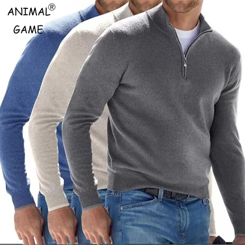 Imagen 1 del producto Ropa de sudadera de otoño para hombre, jersey cálido de Color sólido con media cremallera, suéter informal ajustado con cuello en V, sudaderas de manga larga para hombre, Top de invierno