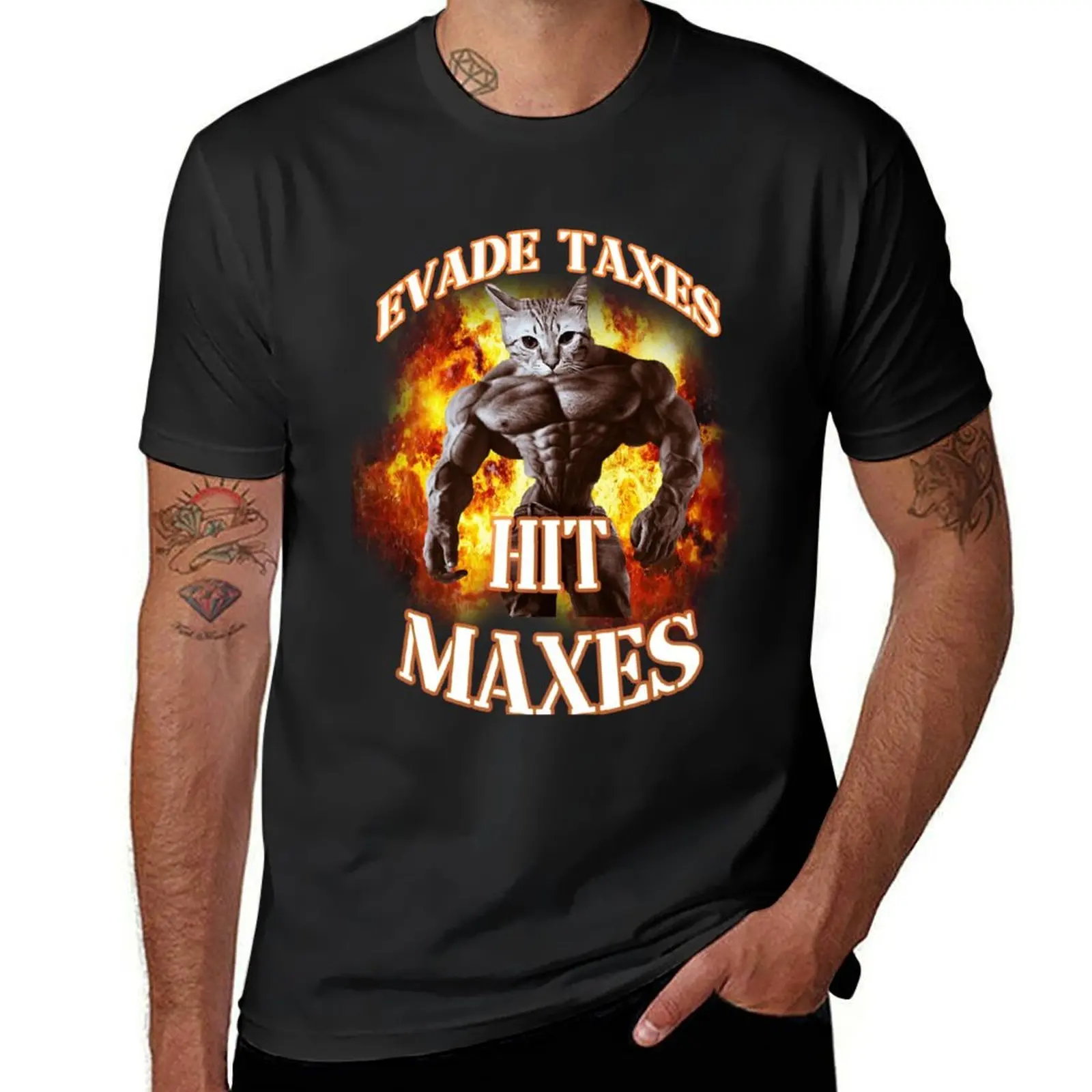 

evade taxes hit maxes cat gym meme T-Shirt plain new edition summer top workout shirts for men