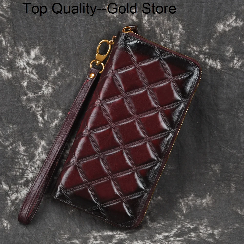 

Women Real Cowhide Clutch Money Bag Handy Purse Embossed Vintage ID/Credit Cards Female Genuine Leather Wrist Long Wallet