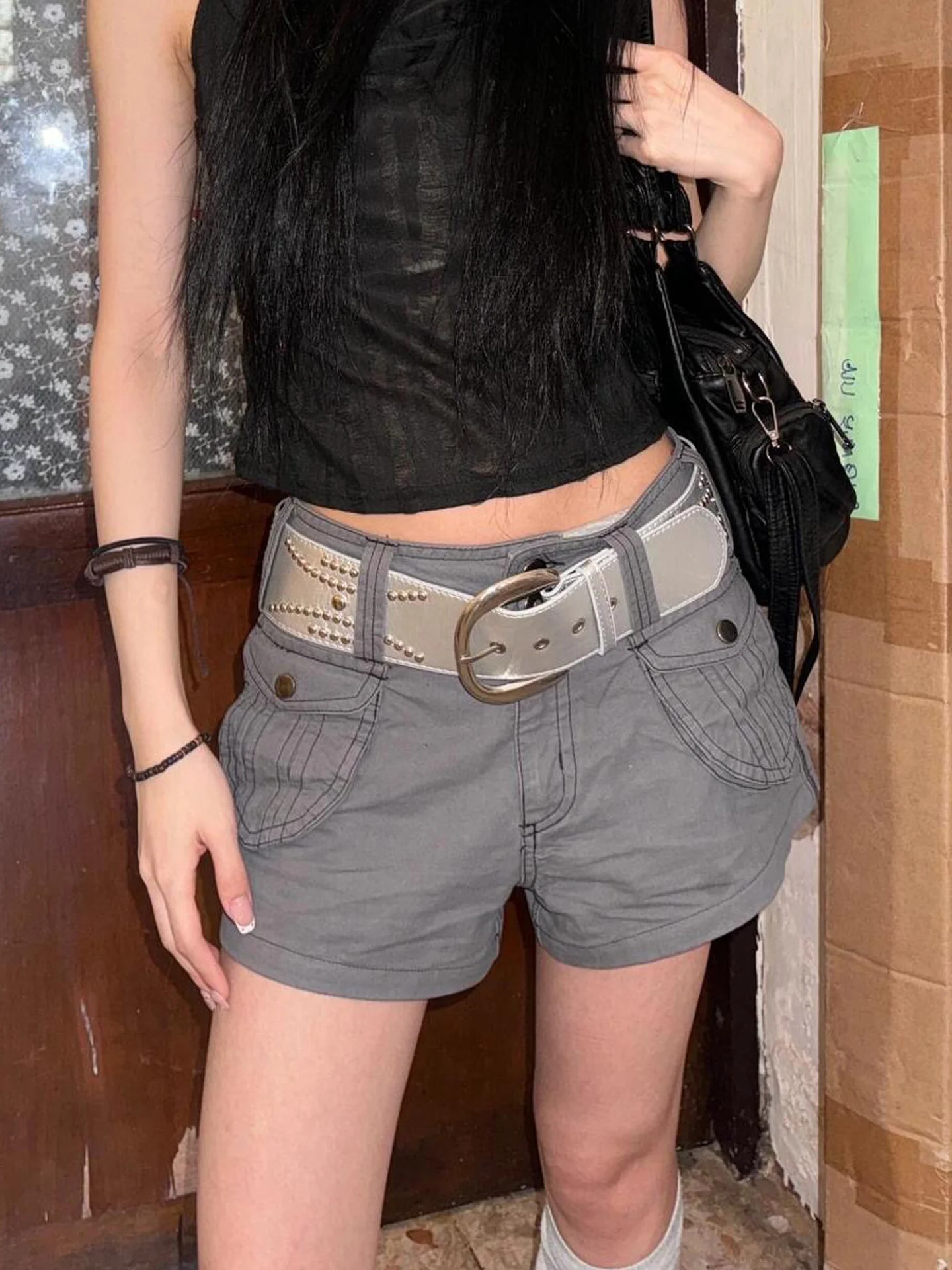 

Retro American Design Sensation Women's Summer Hot Short Pants Slimming Pocket 3D Construction Denim Pants High Waist Wide Leg