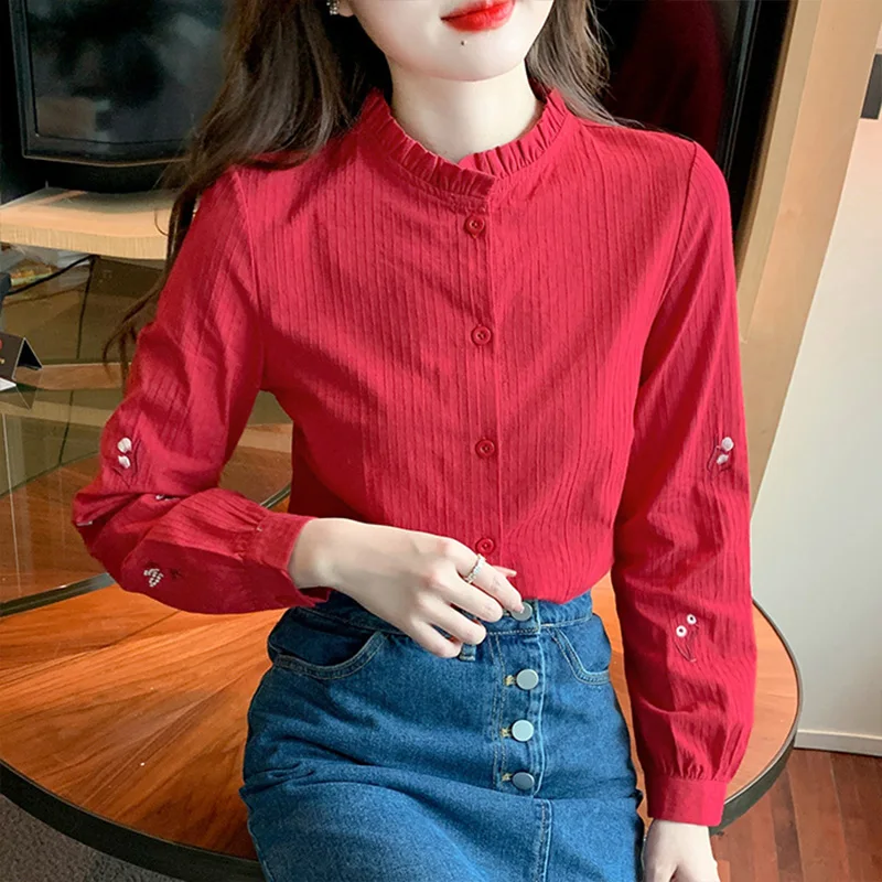 

Embroidered Ruffle Edge Round Neck Long Sleeves Shirt Spring Autumn New Temperament Sweet Chic Tops Fashion Clothes for Women