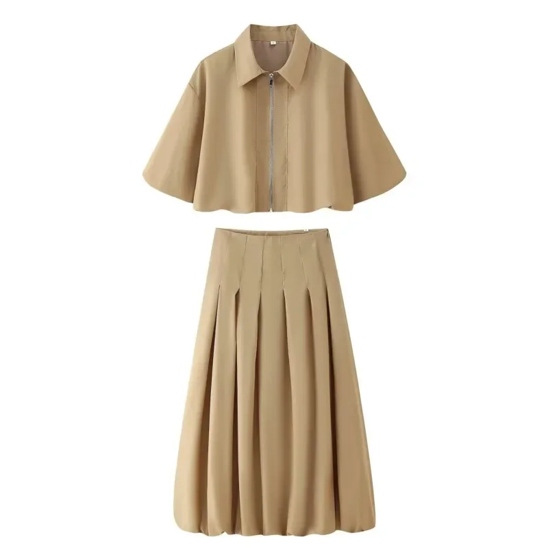 

Soft 2025 Woman Fashion Two Tone Short Sleeved Zipper Top Jacket Sets Casual Slim High Waisted Midi Skirt Suits Autumn