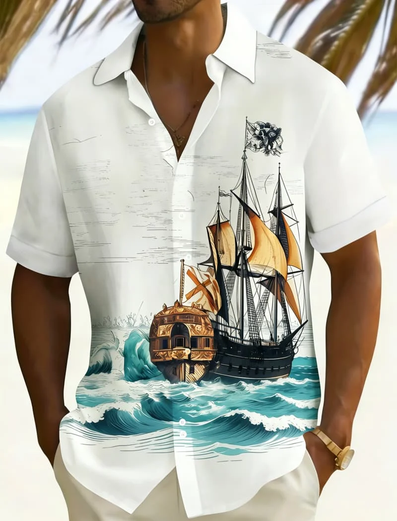 Men's Stylish Adventure & Landscape Print Short Sleeve Shirt, Lightweight Comfort for Summer Beach Party and Casual Looks